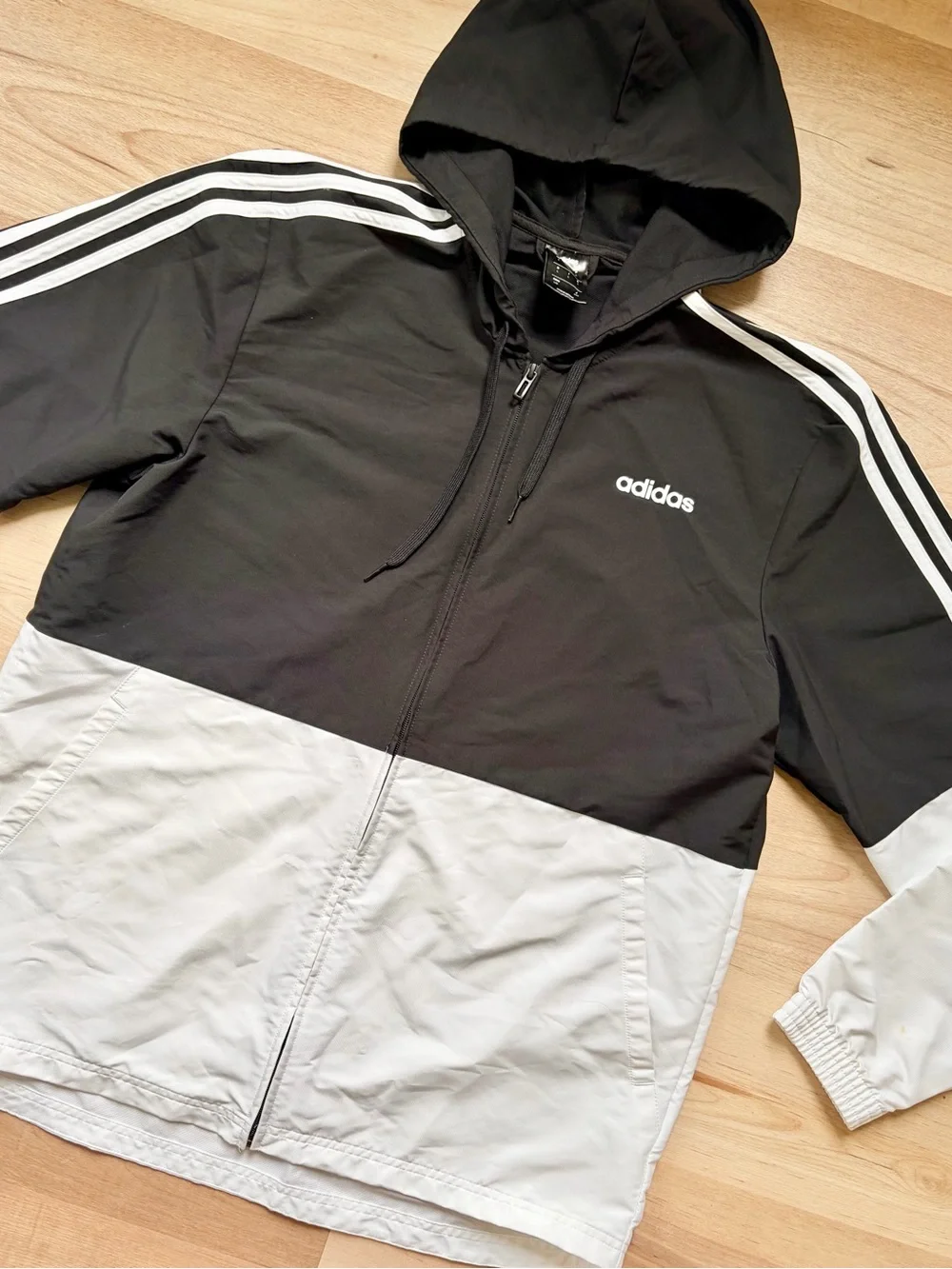 Adidas Men's Color Block Black & White Hooded Windbreaker Jacket